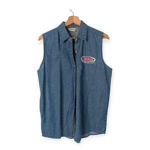 Vintage South Omaha Cycle SOC sleeveless denim button-up shirt Medium